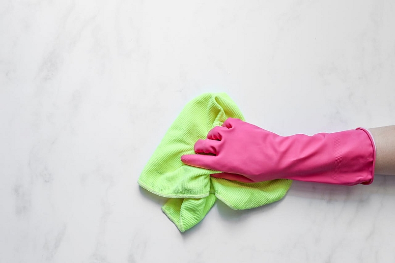 rubber glove and cleaning cloth