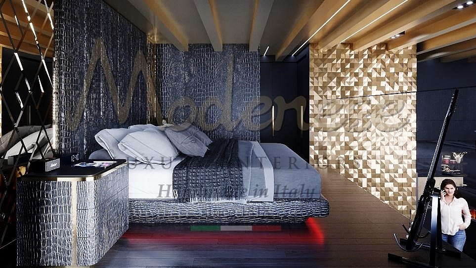 stunning contemporary bedroom designed by modenese luxury interiors with an unique geometric wall design and luxurious home dcor